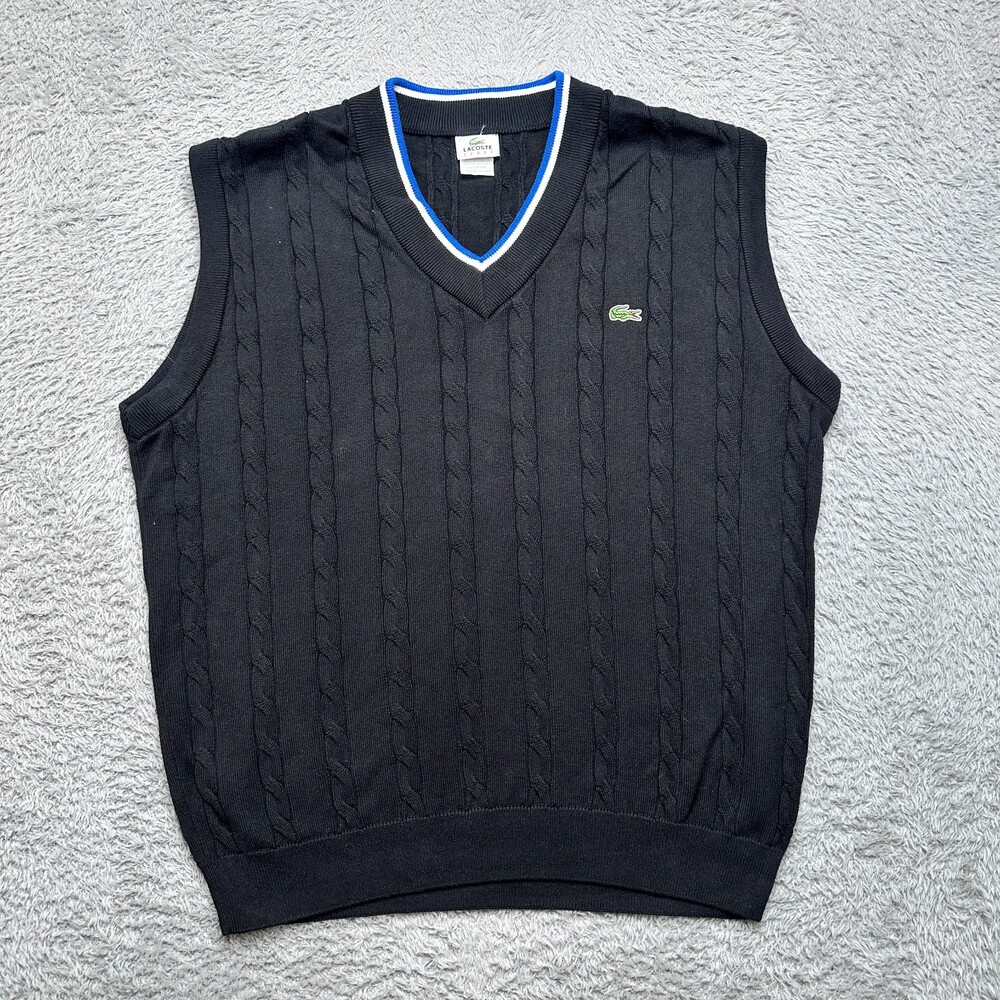 Lacoste Sweater Vest Cable Knit Mens XL 7 Black Cable Knit V-Neck